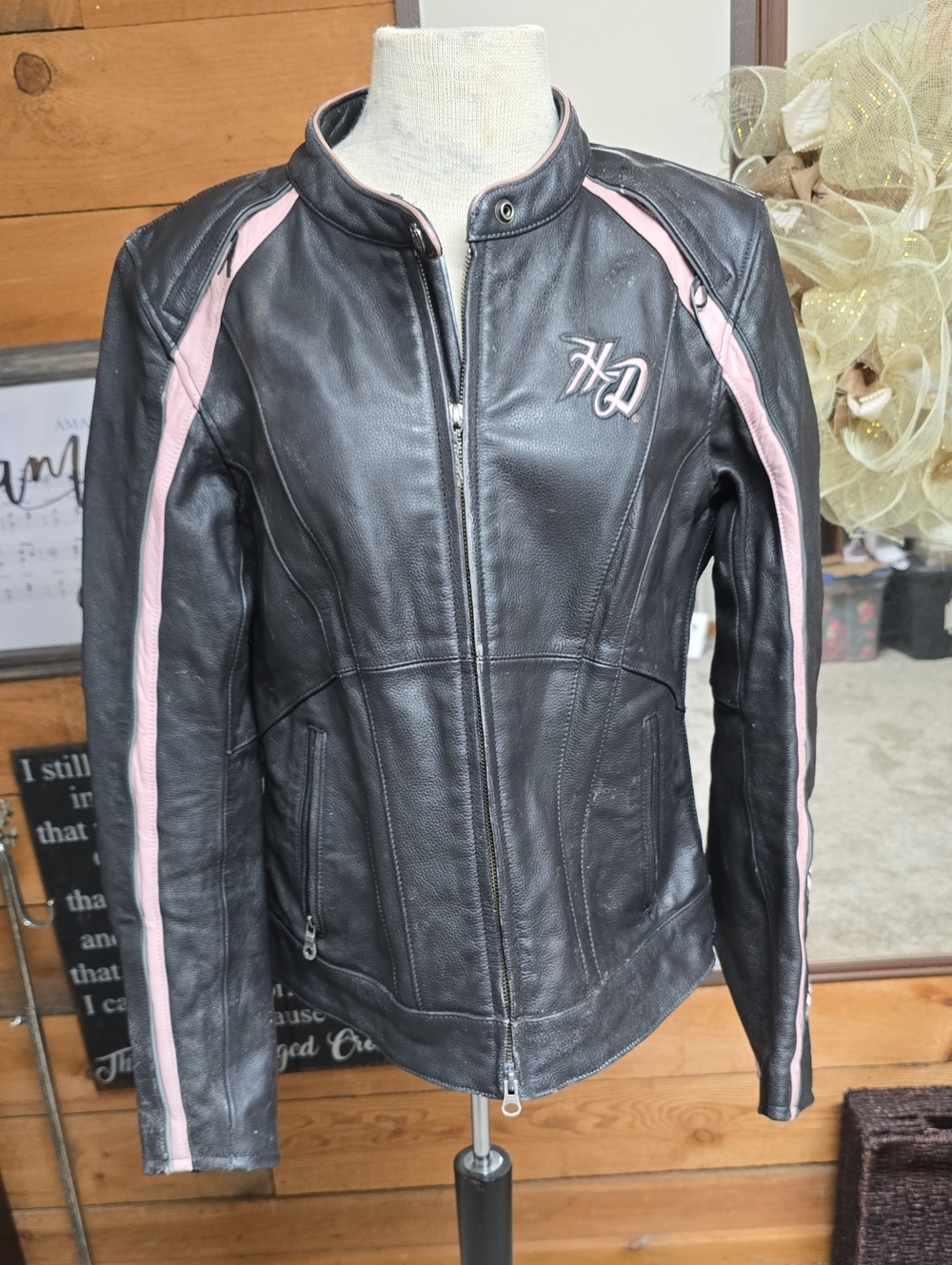 Women's Black Leather Harley Davidson Jacket with Pink Stripe